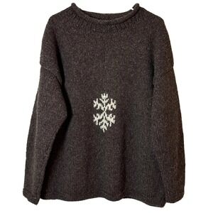 VTG Imbabura Ecuador 100% Wool Handmade Sweater Large Brown Snowflake